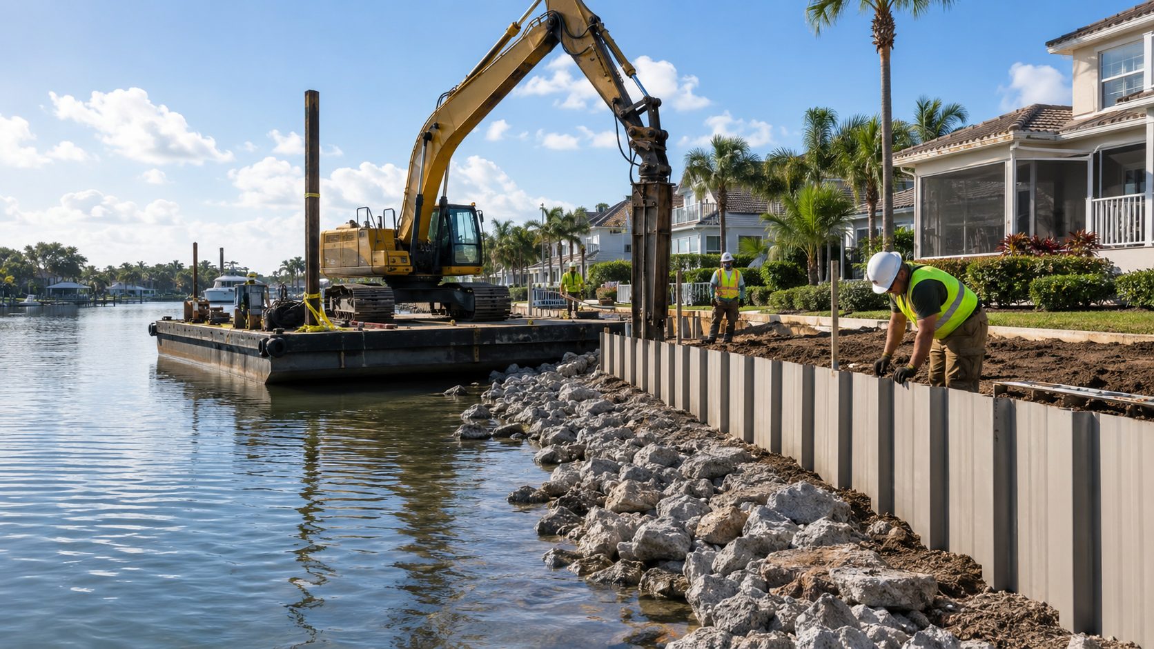 An excavator working from a barge on a canal seawall