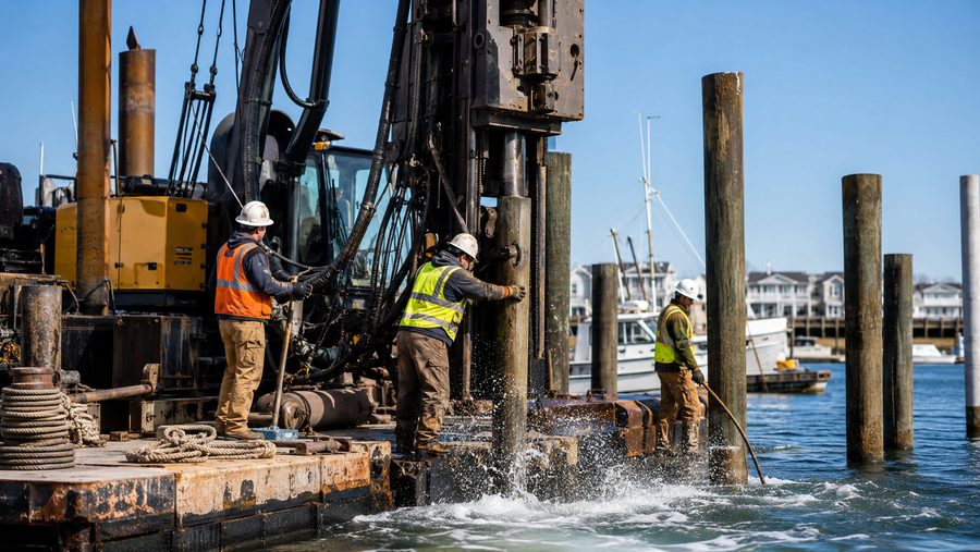 Sheet pile driven from the water