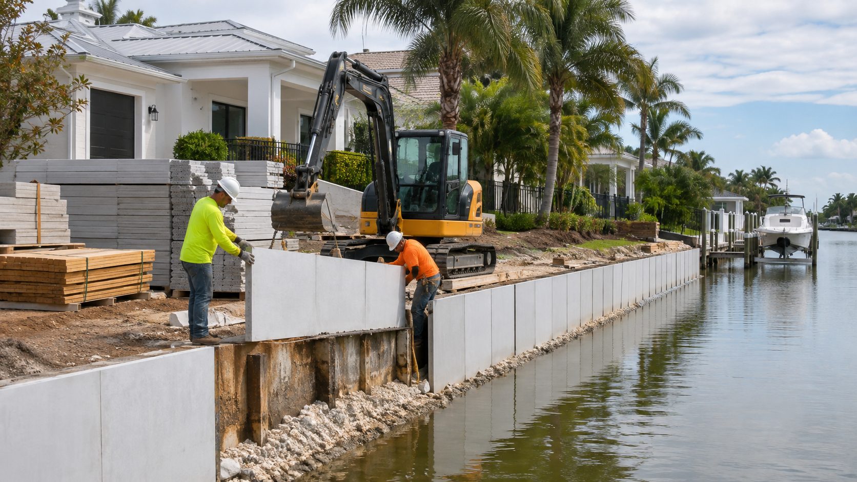 A finished seawall cap tying into a paver deck